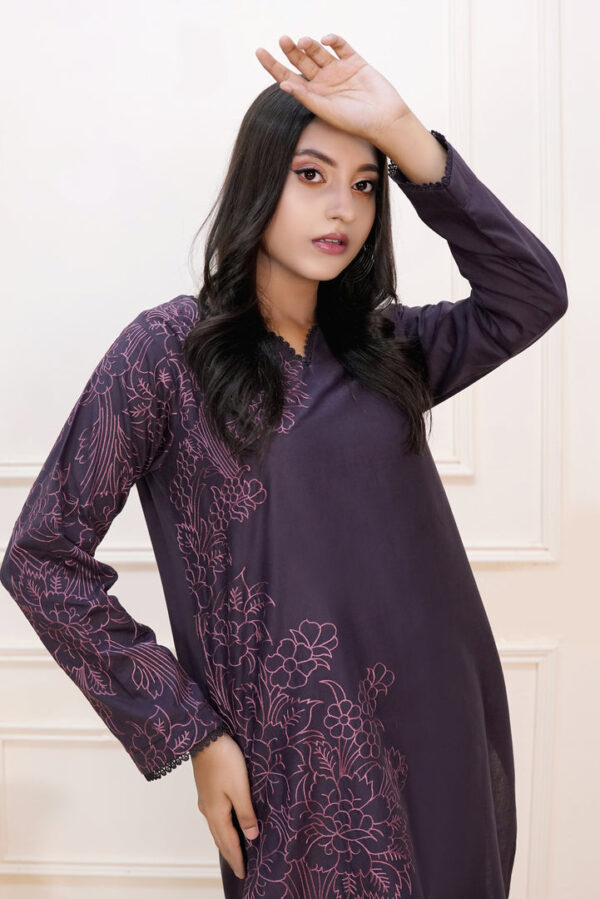 Gothic Purple Embroidered Cotton Stitched Dress - Image 3